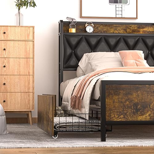 Miniatura 5 de GAZHOME Base de cama individual con 4 cajones de almacenamiento y estación de carga, cabecera de almacenamiento de plataforma tapizada individual,