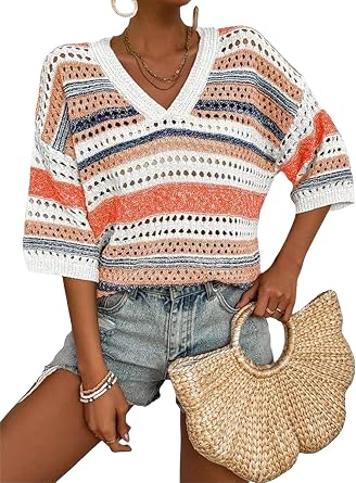 jonivey Womens 3/4 Sleeve V Neck Fall Casual Crochet Knit Sweater Hollow Out Striped Tops Vacation Outfits