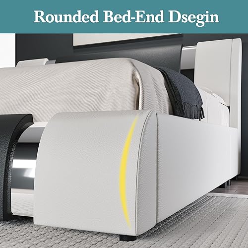 Miniatura 5 de HOOMIC Base de cama moderna de piel sintética tamaño Queen con decoración de piezas de hierro, cama de plataforma de perfil bajo con cabecera