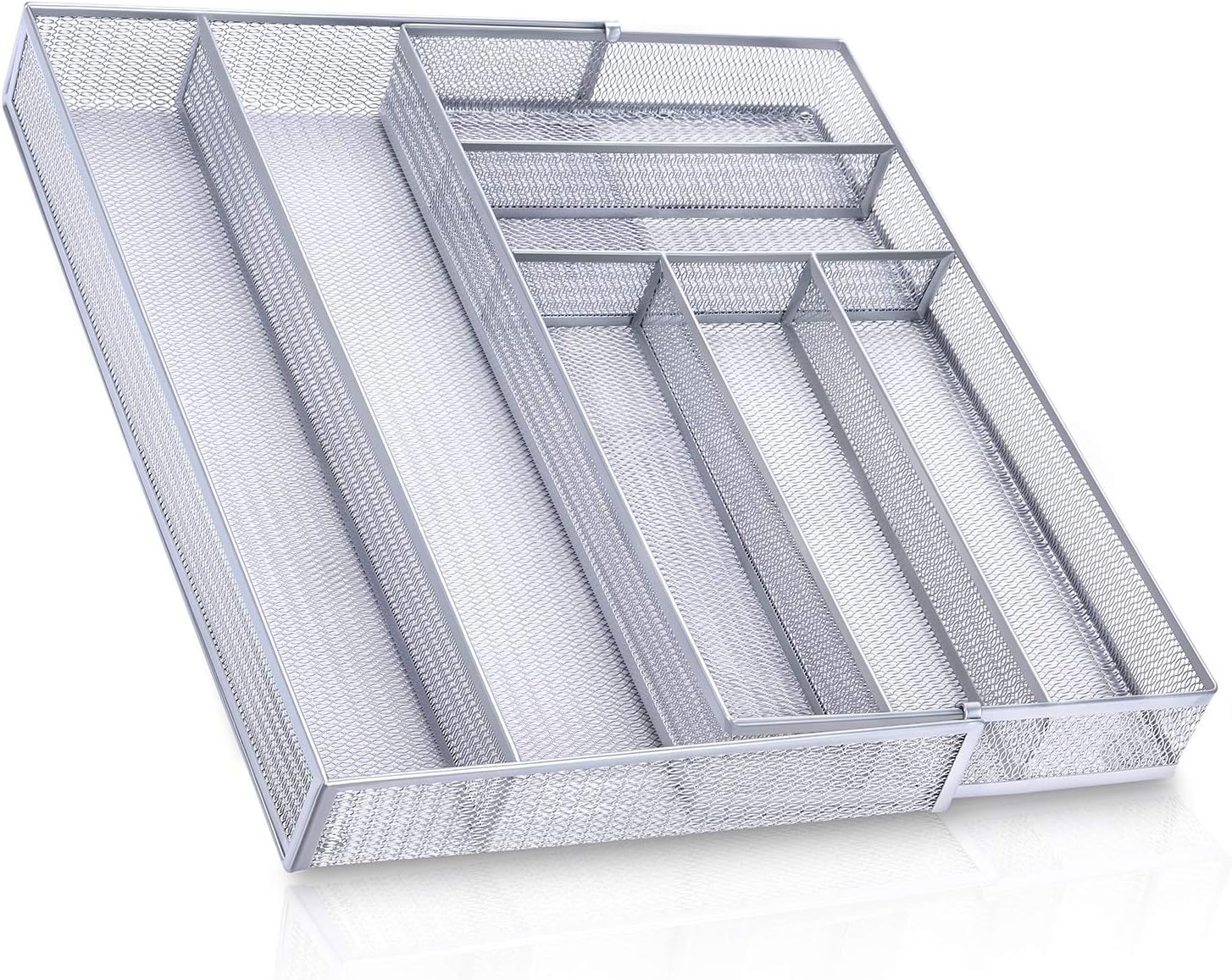WuGeShop Mesh Kitchen Drawer Organizer Expandable, 7 Compartment Large Silverware Organizer/Cutlery Tray with Anti-Slip Mat, Adjustable Utensils Organizer Flatware Tray Silver-Expandable 7 Compartments