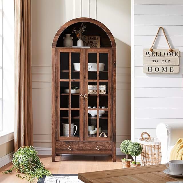 Farmhouse Arched Cabinet with Glass Doors, Wood Display Cabinet with Dra...