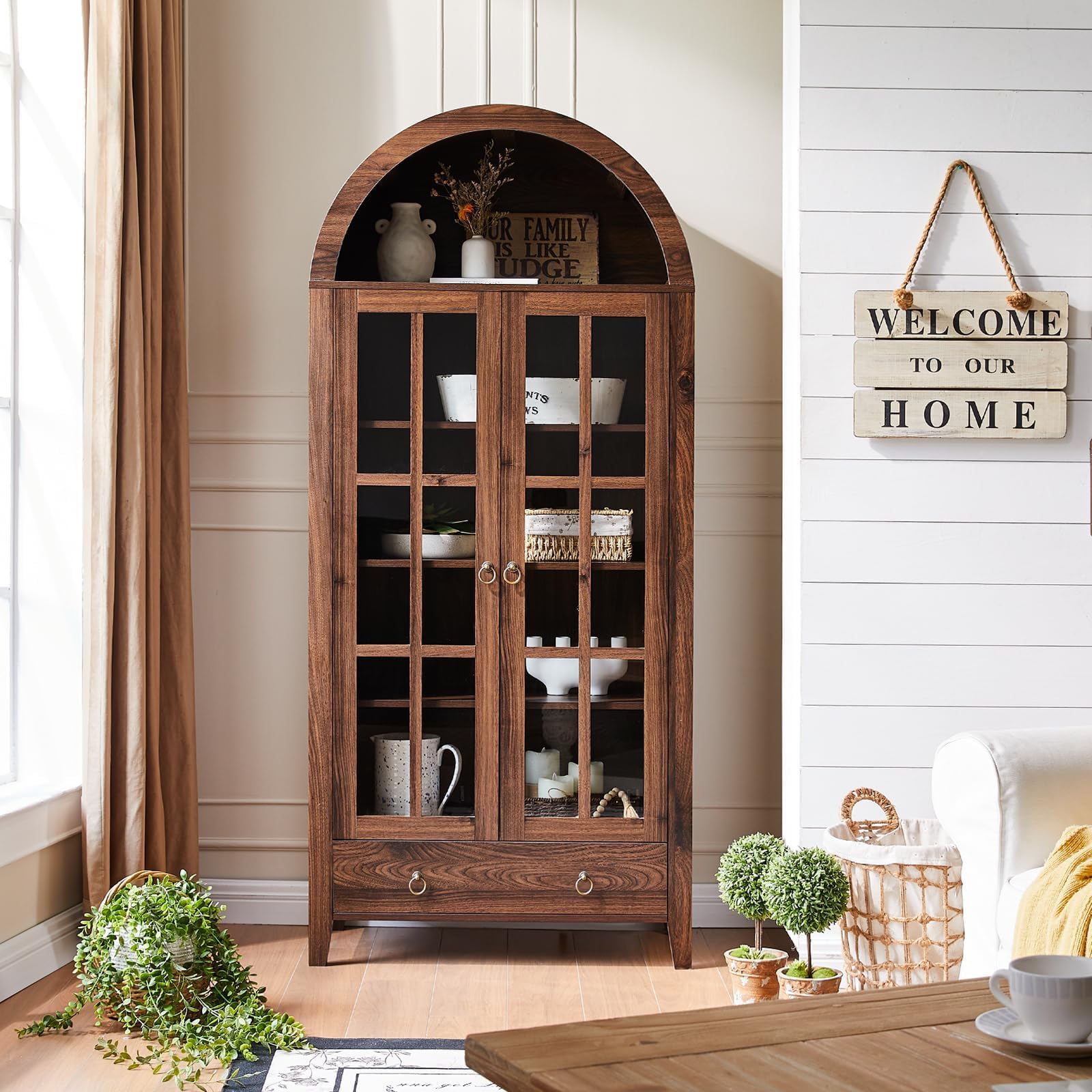 RowyPoey Farmhouse Arched Cabinet with Glass Doors, Wood Display Cabinet with Drawer and Adjustable Shelves, 71” Tall Bookshelf Modern Storage Kitchen