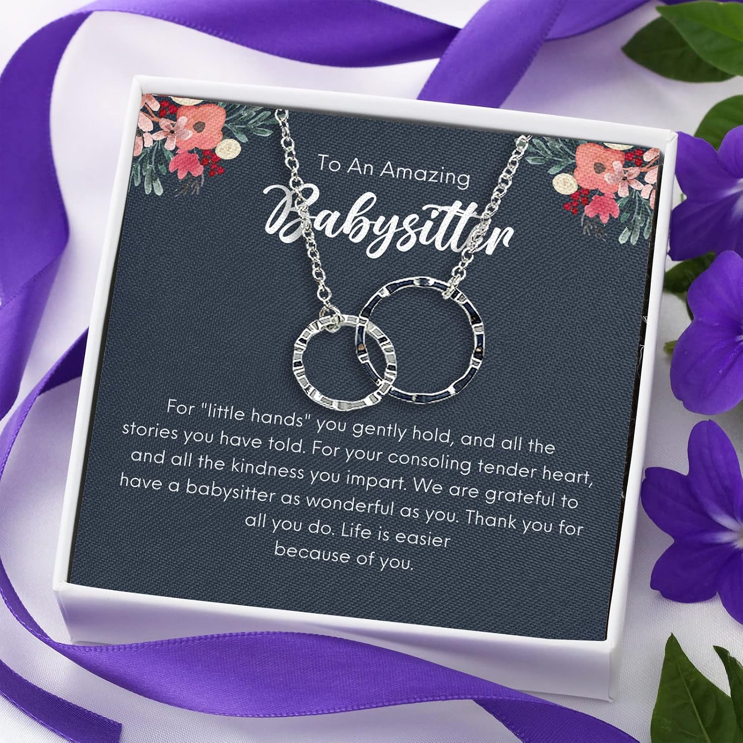 Bubble Hugs Babysitter Necklace Silver Plated Interlocking Rings - Amazing Babysitter - Childminder Thank You Helper Nursemaid Housemaid Appreciate