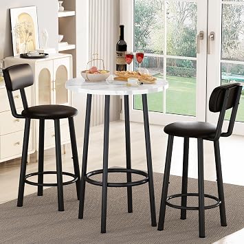 DKLGG Dining Table Set for 2 - 24 Round Kitchen Table With MDF Tabletop & 2 PU Leather Chairs, Bar Pub Set for Small Space Kitchen Living Room Apartment, White