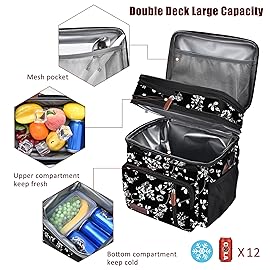 MIYCOO Lunch Bag & Lunch Box for Women Men, Double Deck Leakproof Insulated Soft Large Adult Camping Cooler bag for Work, Beach, Picnic, Travel (White Flower, 15L)
