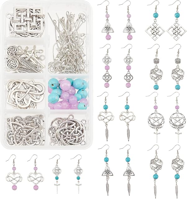 SUNNYCLUE 1 Box DIY Make 10 Pairs Knot with Beads Earring Making Kit Including Heart Infinity Knot Charms Turquoise Beads Jade Bead for Beginners DIY Earring Jewellery Making Crafts