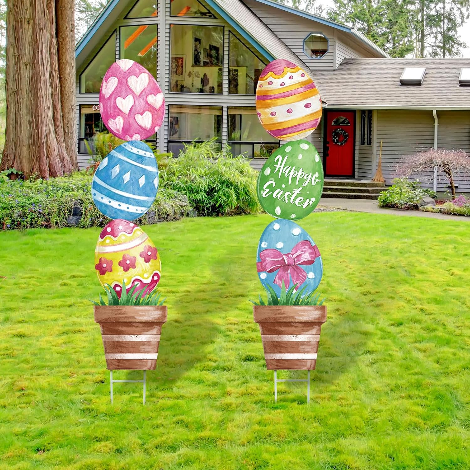 2 Pcs Large Metal Easter Eggs Decorations Outdoor Yard Signs 29 Inch Easter Rustic Oil Painting Eggs Lawn Garden Pot Decor for Spring Home Pathway Lawn Patio Party Decorations