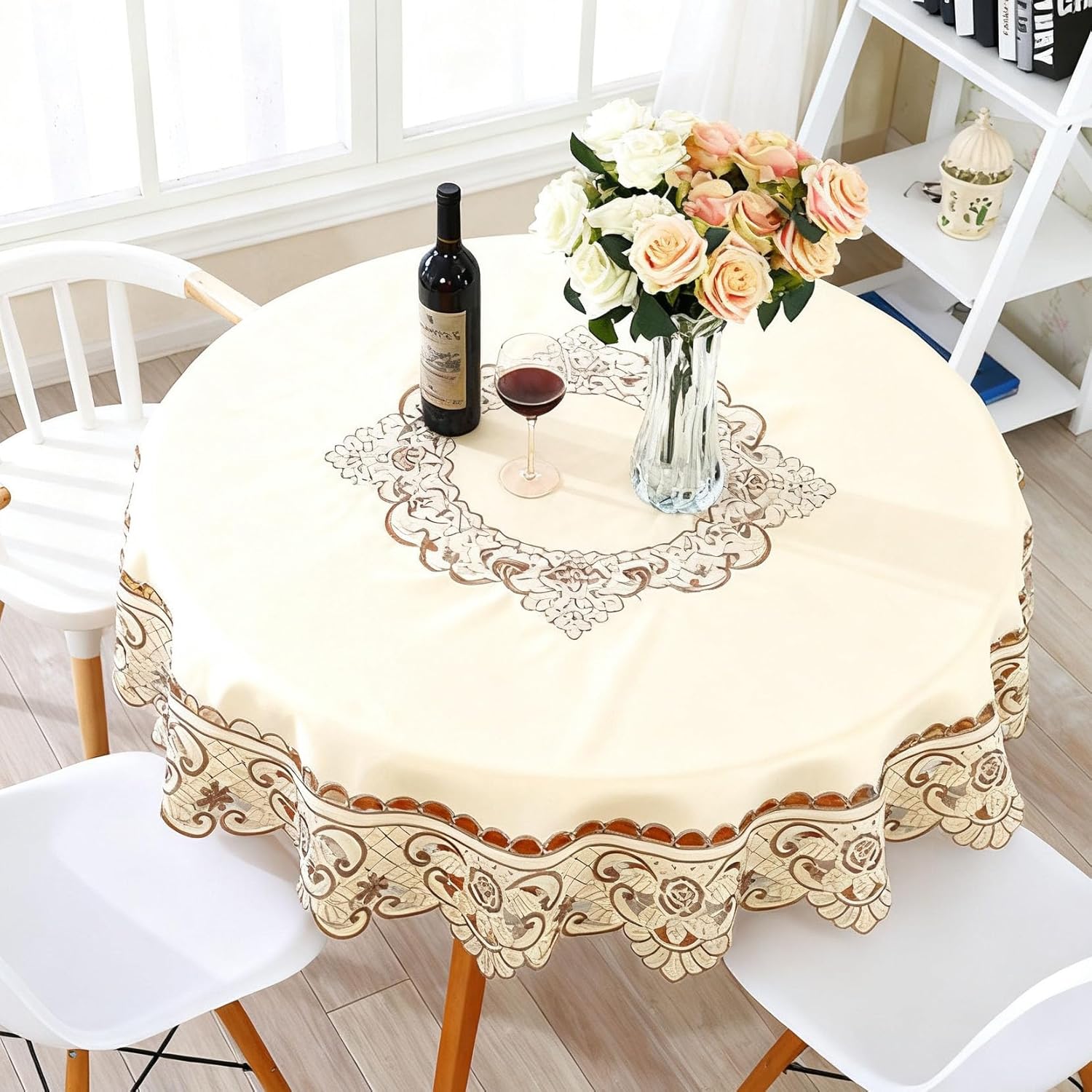 LeLehome 57" Round Brown Flower Embroidered Tablecloth, Classic Beige Polyester Vintage Large Dining Cover Table Cloth Indoor Wedding Party Hotel Cafe Home Decor