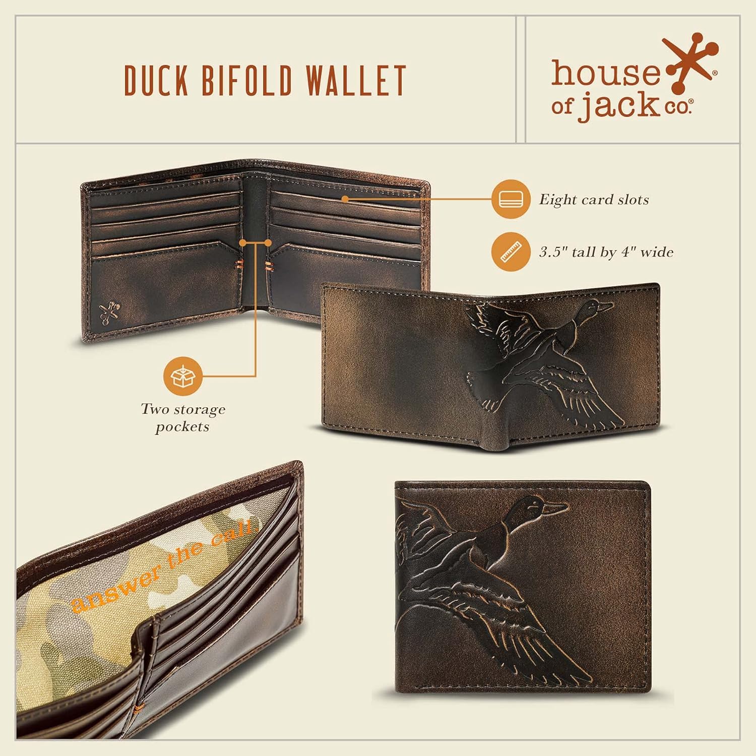 House of Jack Co. Duck Slim Bifold Wallet for Men and Outdoorsmen, Camou Lining, Full Grain Cowhide Leather Wallet, Black - Image 4