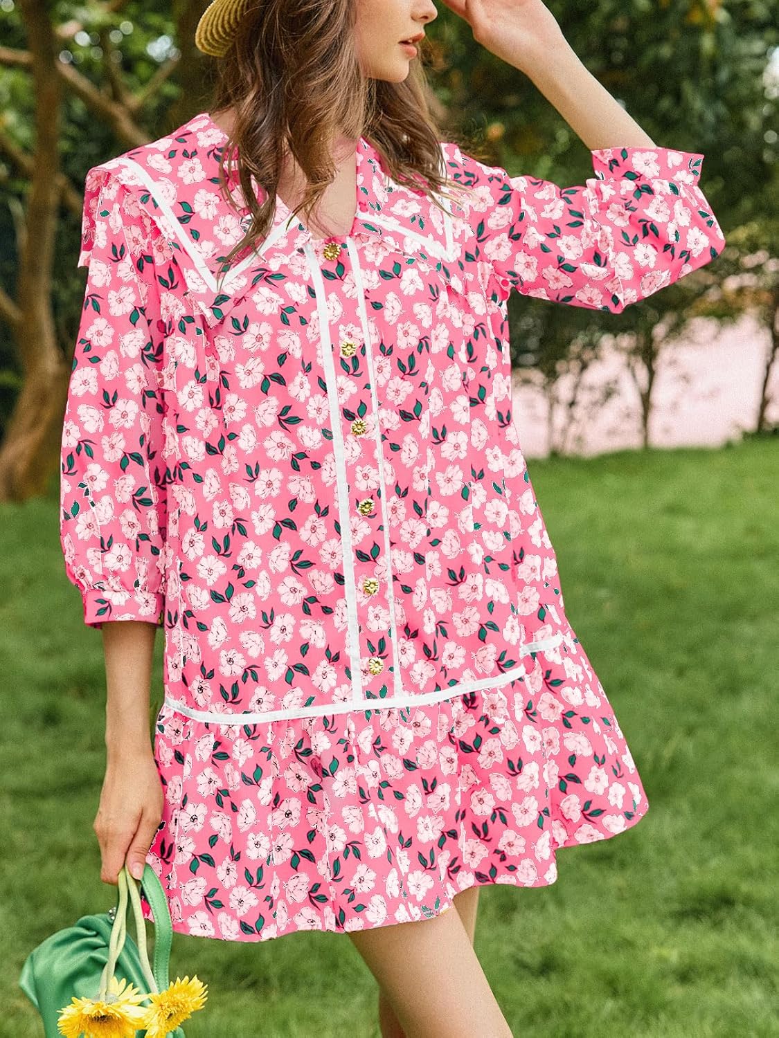 Wenrine Womens Casual Shirt Dresses 3/4 Long Sleeve Floral Button Down Flowy Babydoll Fall Mini Dress - Image 3