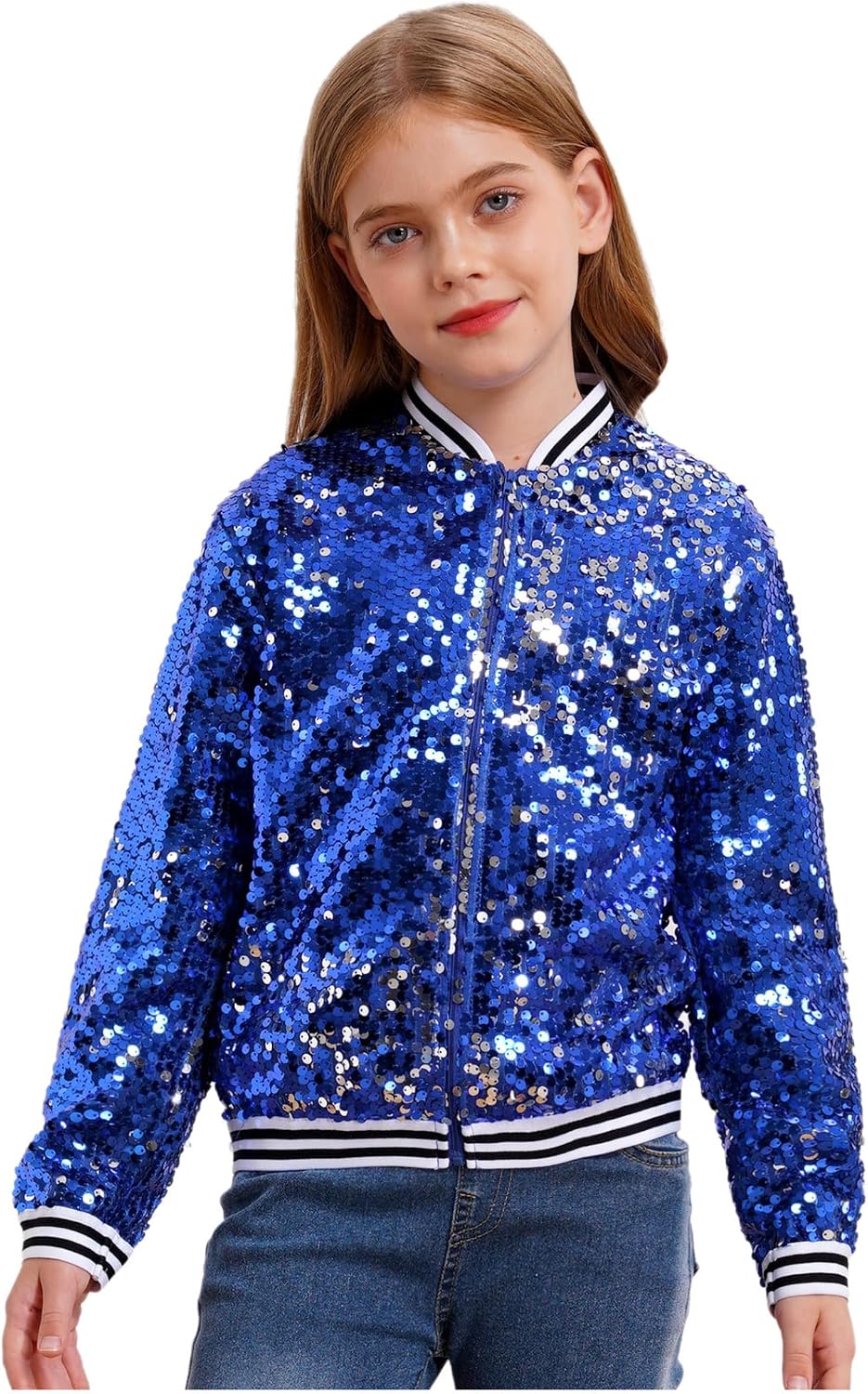 Kids Girls Sequin Bomber Jacket Sparkle Long Sleeve Zipper Baseball Jackets for Hip Hop Modern Jazz