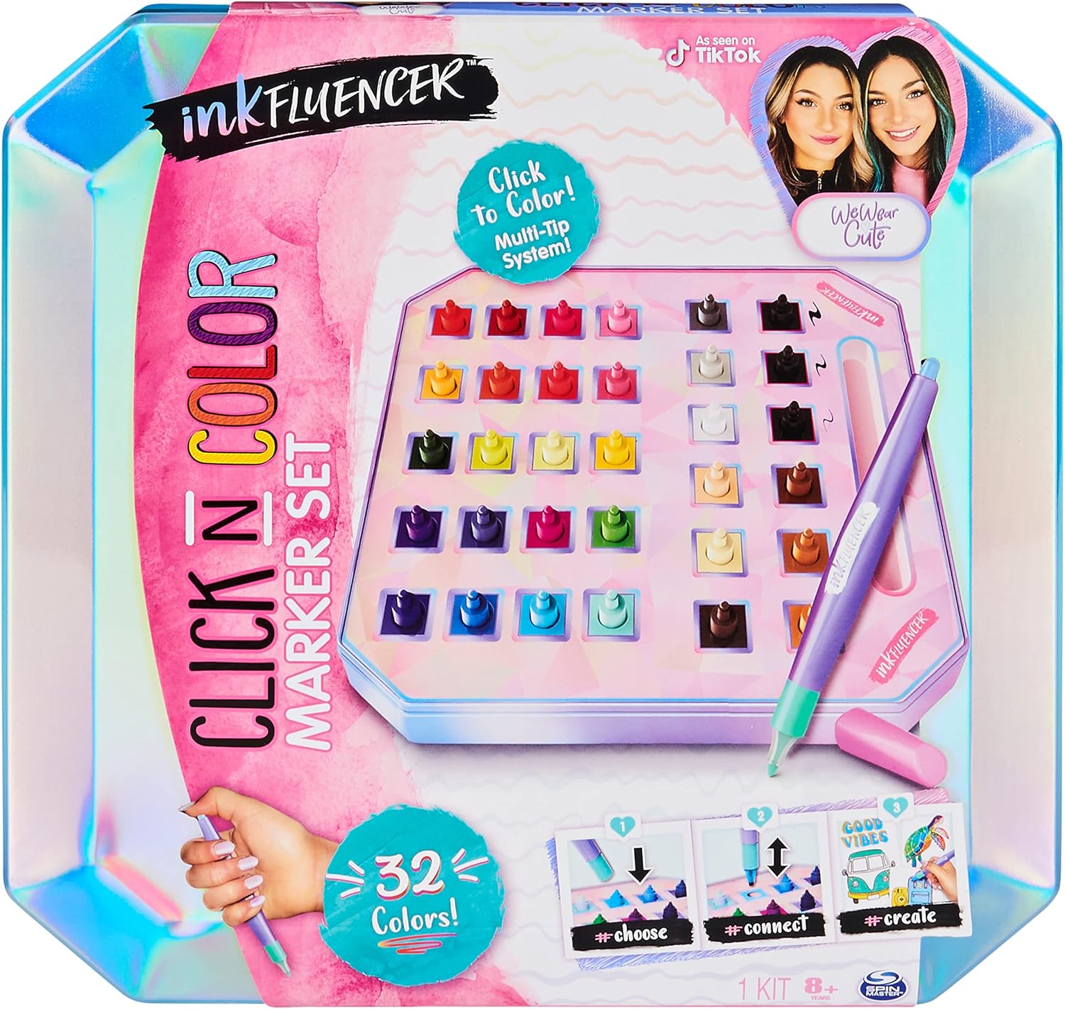 inkFluencer, We Wear Cute Click N Color Marker Set, Activity Kit With 32 Click-on Marker Tips