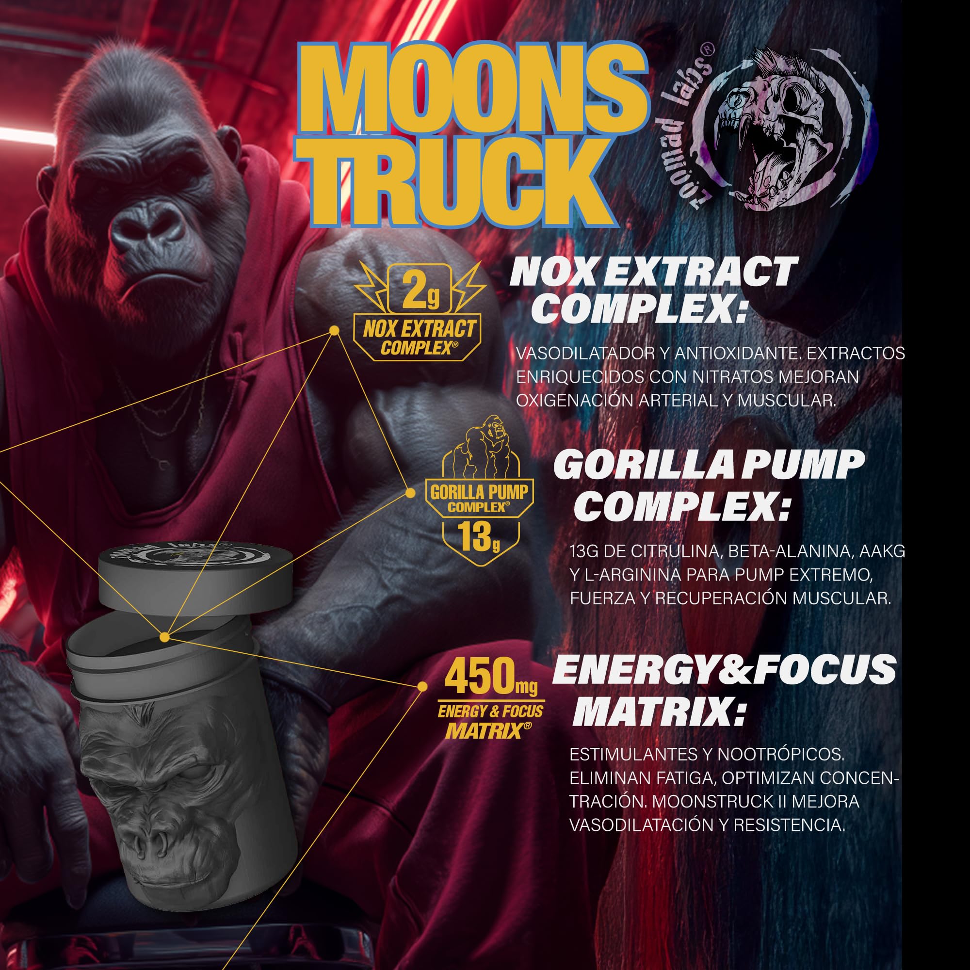Zoomad Labs Moonstruck II Pre Workout 510 g — Pre Workout Potente Citrullina Beta Alanina AAKG · Gorilla Pump 13 g · Nitrati Barbabietola · 299 mg Caffeina · 27 Porzioni
