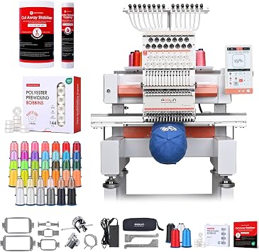 Poolin EOV 15-Needle Embroidery Machine | Pro Bundle Includes 40-Color Thread, 144 Pre-Wound Bobbins, Wash Away Topping & Cut Away Stabilizer