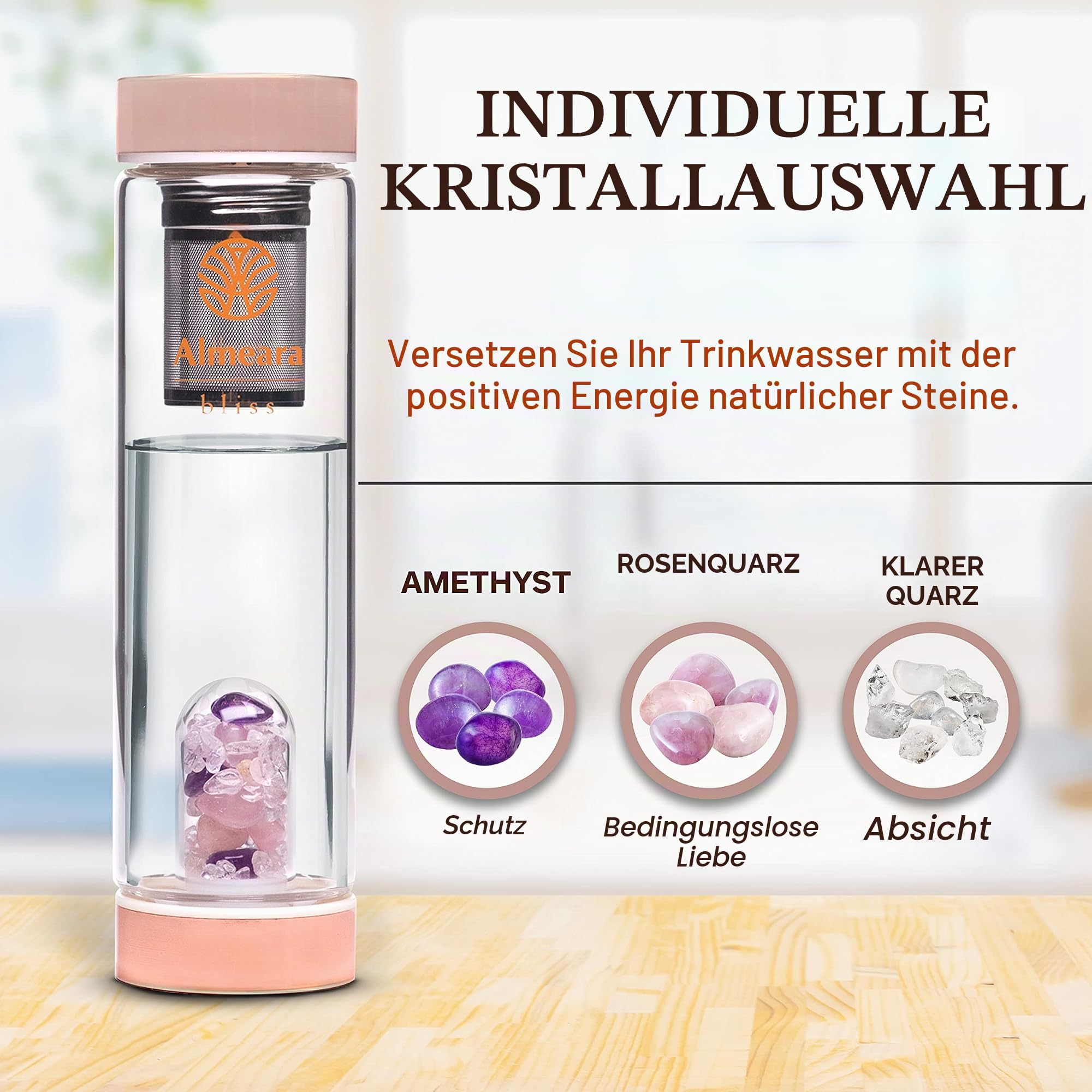 Almeara Kristall-Wasserflasche, Amethyst, Rosenquarz und klare Quarzkristalle, authentische Edelsteine, Tee-Ei für lose Blätter, mit Edelstein-Elixier infundiert, Wasserflasche aus gehärtetem Glas,