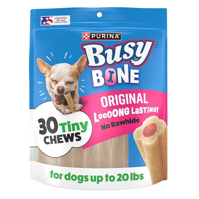Petisco mastigável em formato de osso para cães adultos pequenos Purina Busy com centro de carne bovina, 120 unidades