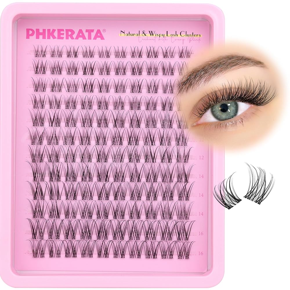 PHKERATA Natural Lash Clusters Invisible Band Eyelash Clusters Wispy Lashes Clusters 120 pcs C Curvature Cluster Eyelash Extensions DIY Thin Clear Band Individual Lashes at Home, 8-16mm