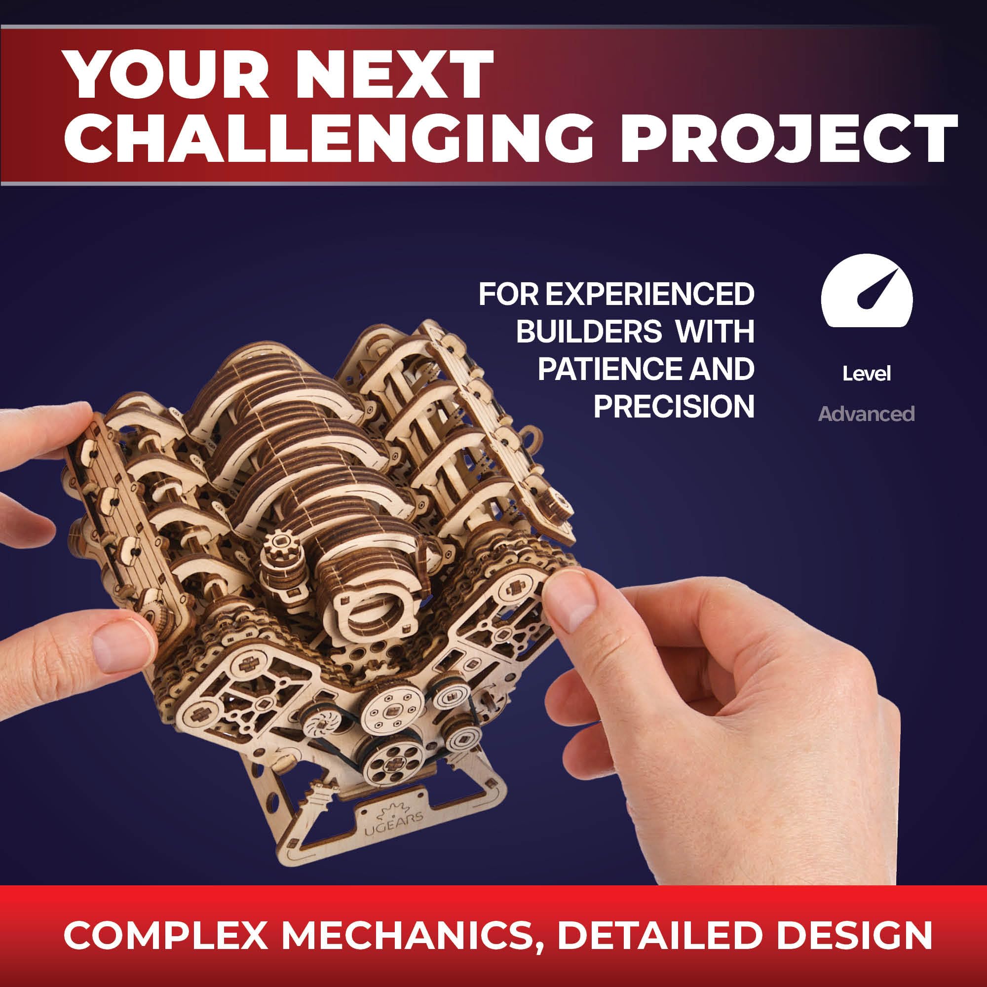 UGEARS V8 Engine Model Kit - 3D Wooden Puzzles for Adults, 3D Puzzle Model Engine Kit, DIY Kits Gifts for Engineers for Christmas, Wooden Model Kits for Adults to Build, Brain Teaser Hobby Set