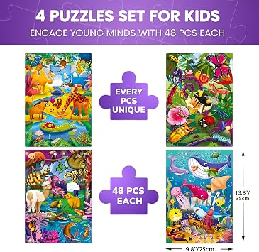 QUOKKA Puzzles for Toddlers 4-6 4 x 48 Pieces Jigsaw Puzzles for Kids Ages 3-5 Learning Insects, African, Amazon, Ocean Animals Puzzle for 2-4 Jigsaw Game for Boy and Girl 4-8 Year Old