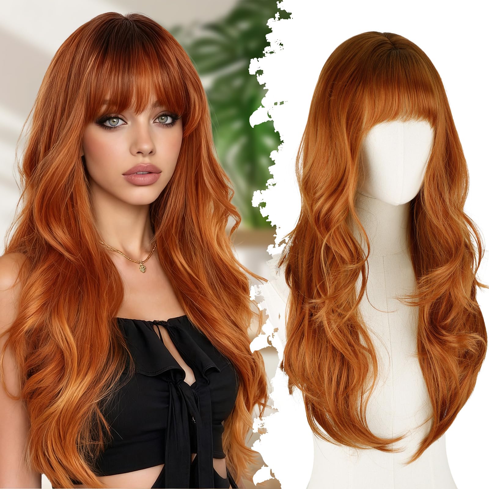 SUKRI Ginger Wig with Bangs for Women Long Layered Wigswith Realistic Scalp Realistic Synthetic Fiber Heat Resistant Natural Bangs for Daily Party