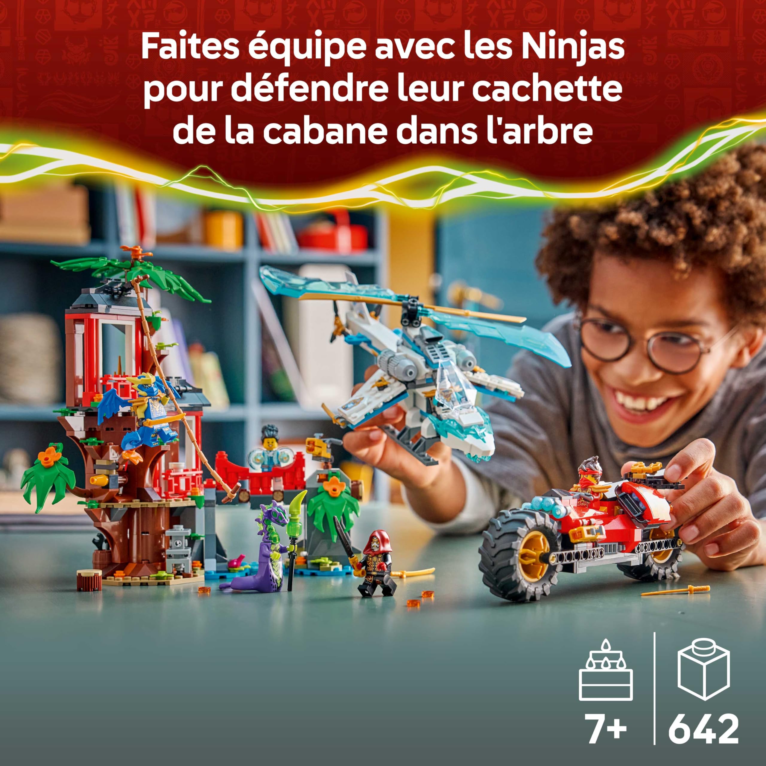 LEGO Ninjago La Cabane et Les Véhicules des Ninjas - Jouet Interactif avec Moto, Hélicoptère, 6 Minifigurines & Sabres - Cadeau pour Garçon dès 7 Ans & Fans 71857