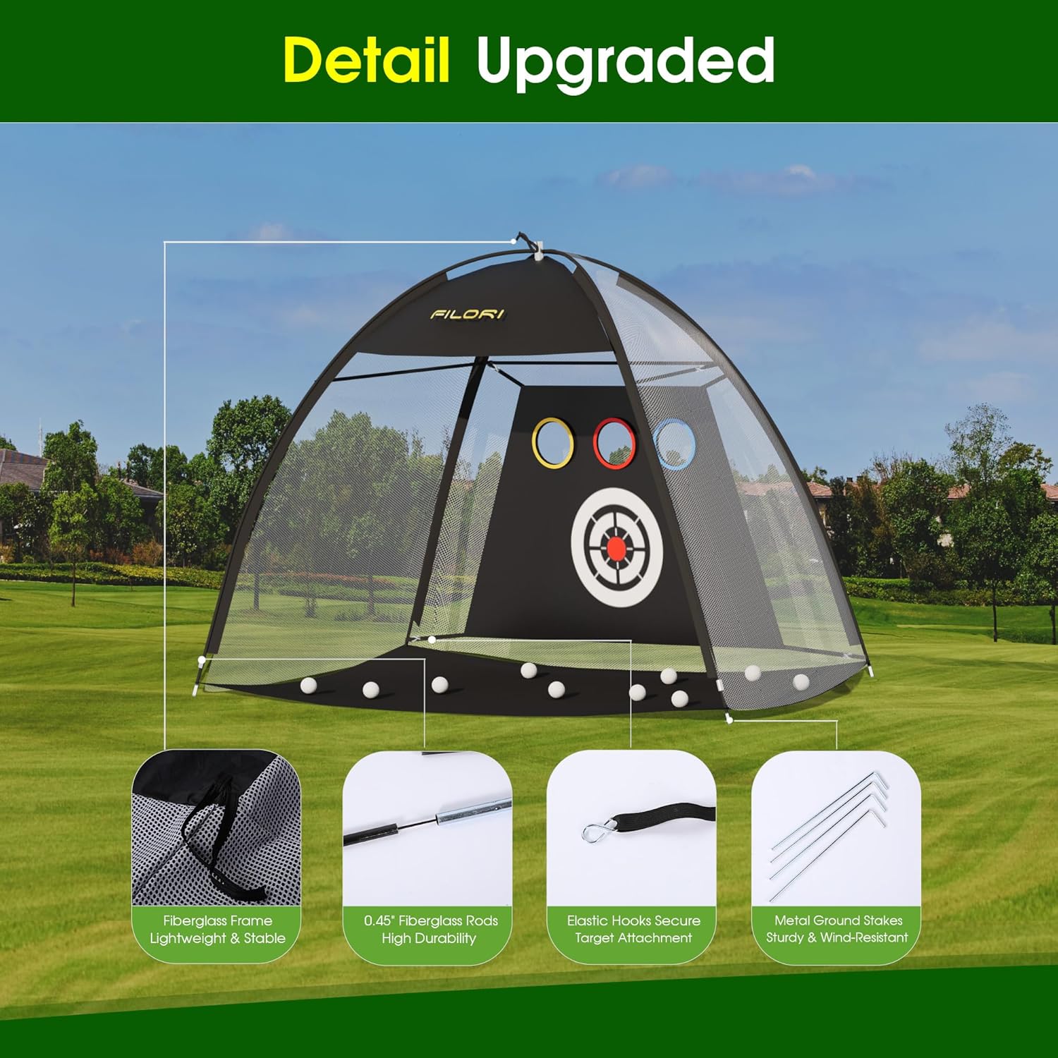 FILORI Golf Practice Net 10x7FT Heavy-Duty Golf Hitting Net with Tri-Turf Mat, 8 Balls, Tee & Carry Bag, Indoor/Outdoor Backyard Training for Driving Chipping Swing, Ideal Gifts for Men Dad Golfer - Image 4