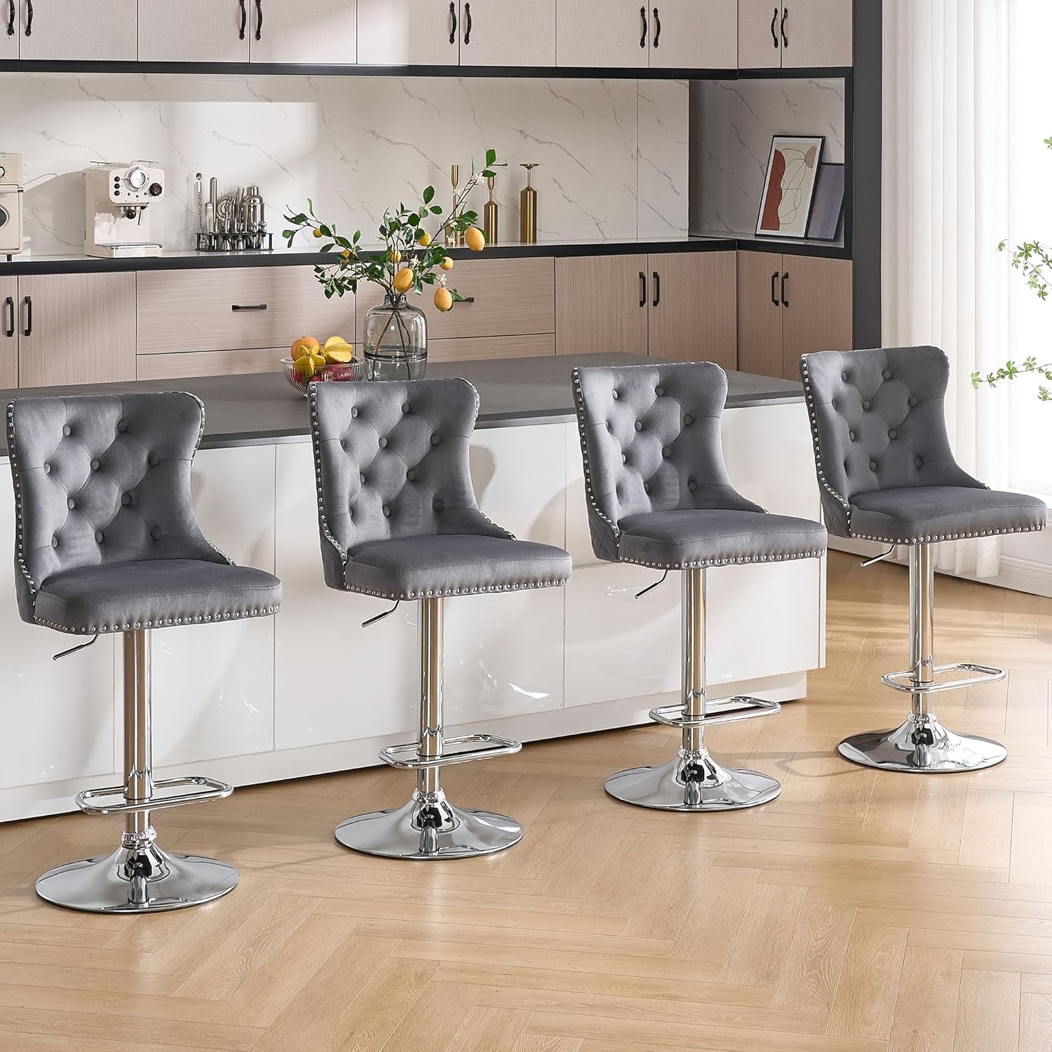 Velvet Bar Stools Set of 4,Modern Swivel Bar Height Stools with Lion Pull Ring,Adjustable Counter Height Chairs with Chrome Footrest/High Tufted Back for Kitchen Island/Dining/Cafe,Dark Grey