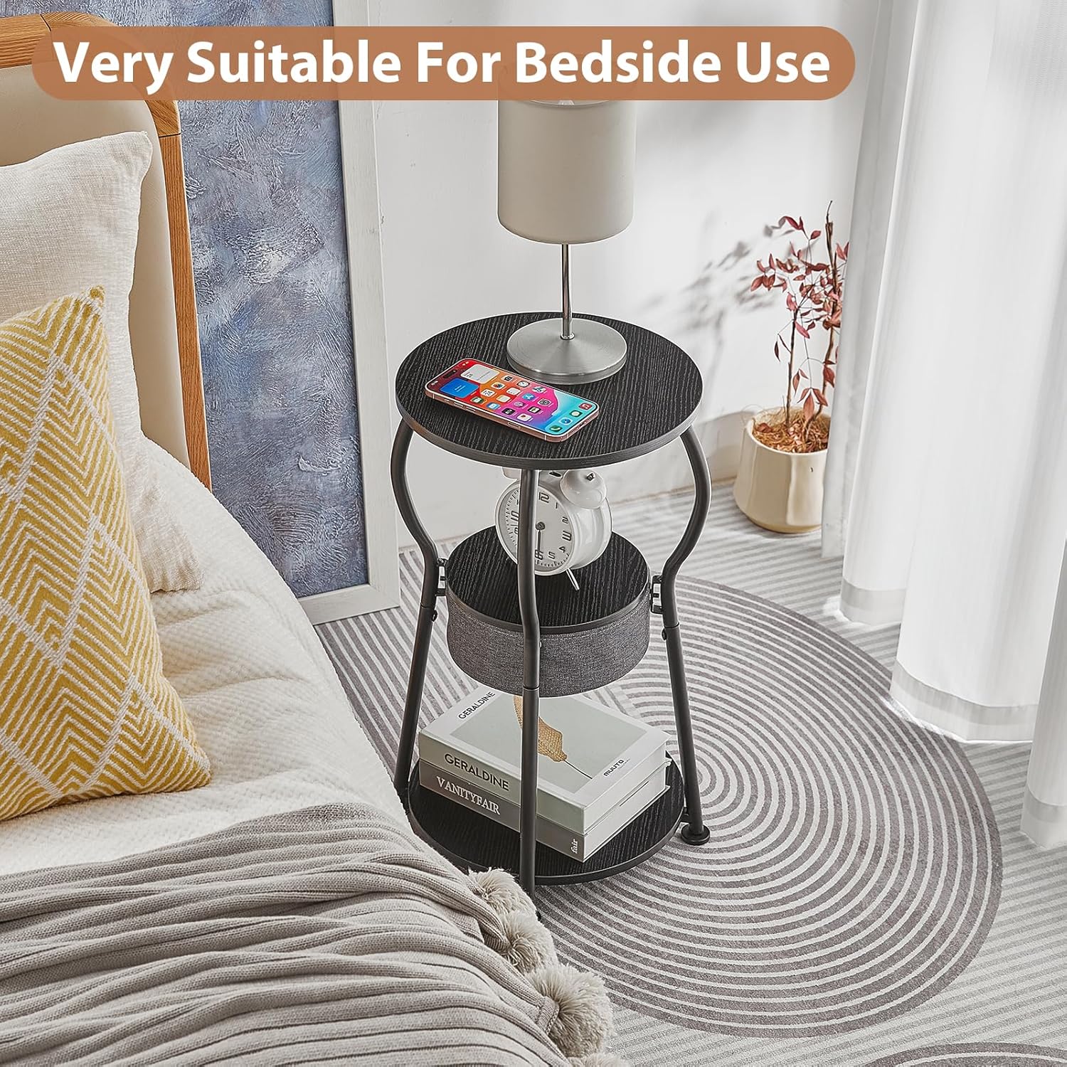 Small Round Side Table with Storage Bag, 3-Tier Accent Round End Table with Four Storage Functions for Living Room, 21.6" H Vintage Smalls Corner Table for Small Spaces Nightstand Bedroom