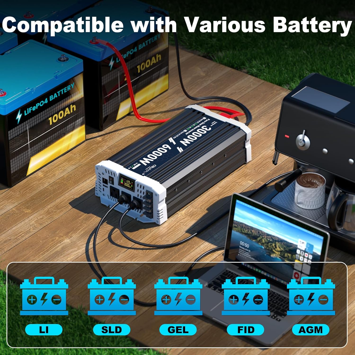3000 watt Pure sine Wave Inverter, 24V DC to 110V AC Power Inverter, Used for Solar Emergency Power Supply in RV Homes, with 3 AC Output sockets, USB Port, Type-C Port, Remote Control with LCD Screen