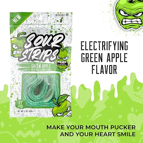 Miniatura 9 de Sour Strips Tiras de caramelo agrio con sabor a manzana cinturones de caramelo masticables deliciosamente agrios dulces de Halloween aptos para