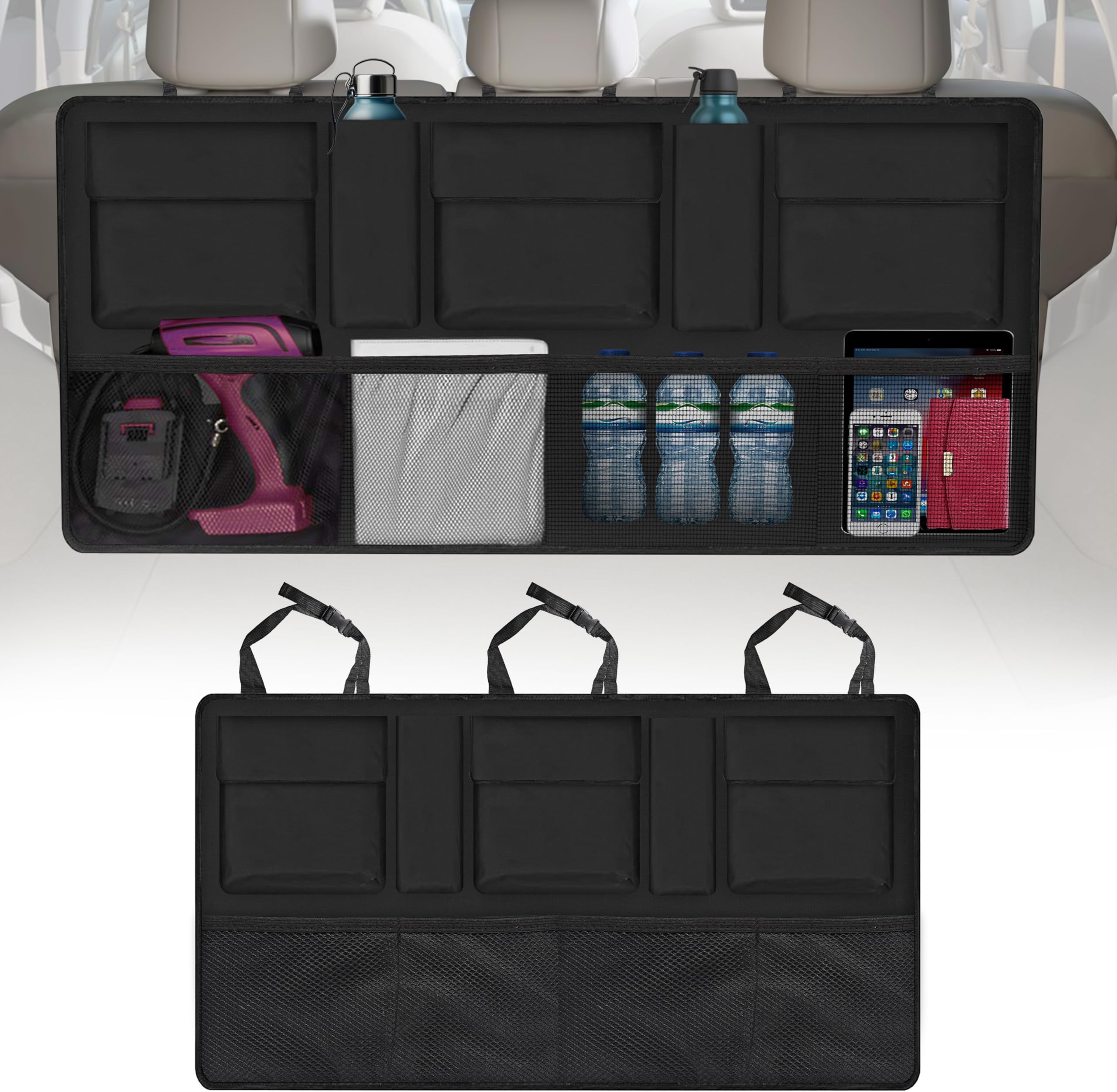 EcoNour Backseat Trunk Organizer | 42 x20 Inches Car Storage with 9 Spacious Pockets | Waterproof, Heavy-Duty Hanging Organizer for SUVs, Trucks & Hatchbacks | Space-Saving, Foldable & Easy to Install