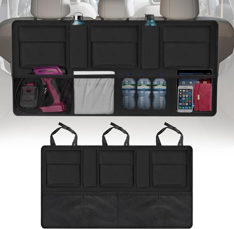 Organizador del maletero del asiento trasero EcoNour | Almacenamiento para automóvil de 42 x 20 pulgadas con 9 bolsillos espaciosos | Organizador colgante impermeable y resistente para SUV, camionetas y hatchbacks | Ahorro de espacio, plegable y fácil de instalar