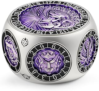 DNDND Unique Spinner DND Dice, 8-in-1 Hexagonal Metal DND Dice with Dual D20 Monster Themed Dice Set for DND Dungeons and Dragons, Dungeon Masters with Collectible Gift Tin (Silver with Purple)