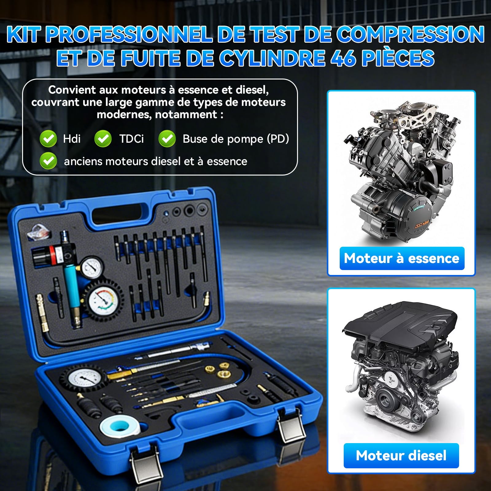 47 Pièces Testeur de Compression, pour Moteurs Essence et Diesel, Testeur de Compression Diesel 0-50 Bars, Kit de Testeur de Fuite de Cylindre à Double Jauge pour Moteurs HDI, TDCi, Pumpe Duse