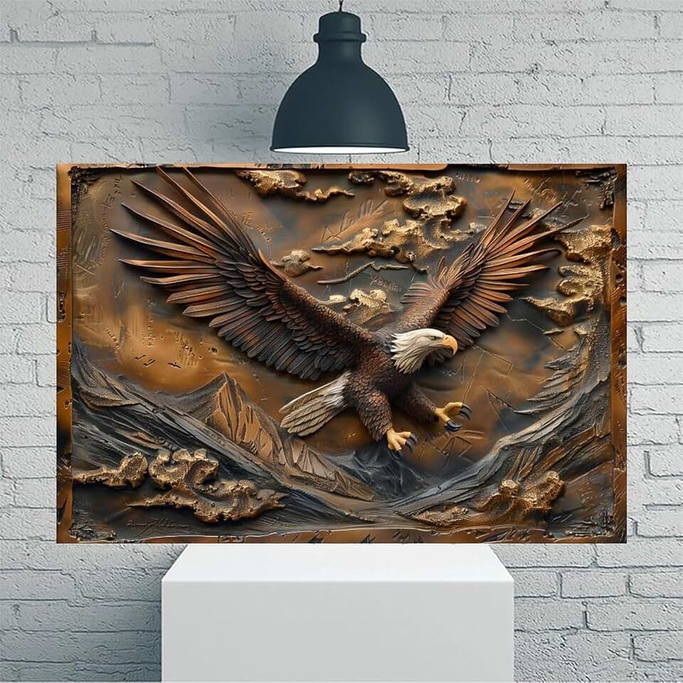 Arte de parede em tela rústica vintage com escultura de águia em bronze - Pôster sem moldura de 30 x 45 cm - Decoração de casa e escritório para sala de estar, quarto, cozinha e café