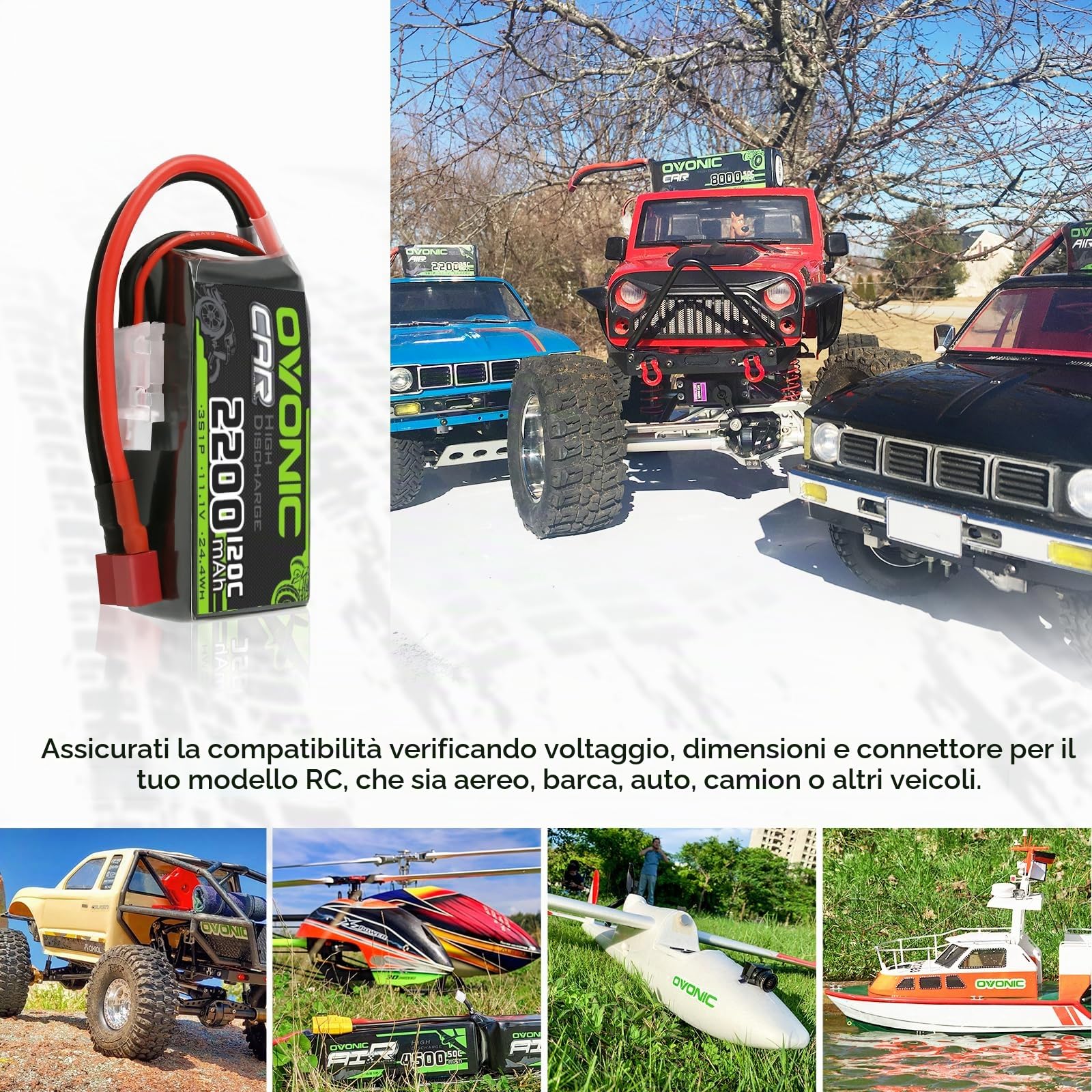 OVONIC Batteria Lipo da 3 s, 11,1 V, 120 C, 2200 mAh, con spina Deans per elicottero aereo, specifica per aereo RC Car RC (2 confezioni)