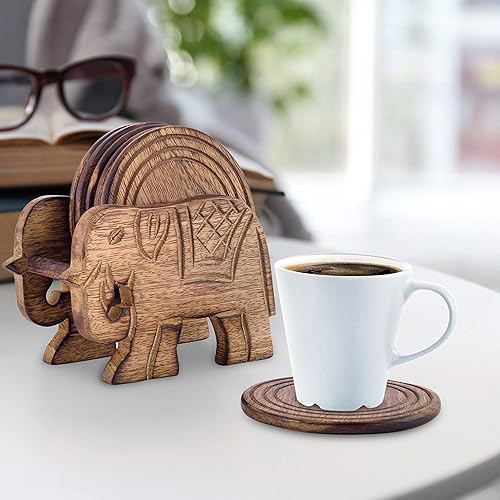 Miniatura 4 de Divit - Posavasos de madera para bebidas, ecológicos, absorbentes, de aspecto antiguo, hechos a mano (elefante)