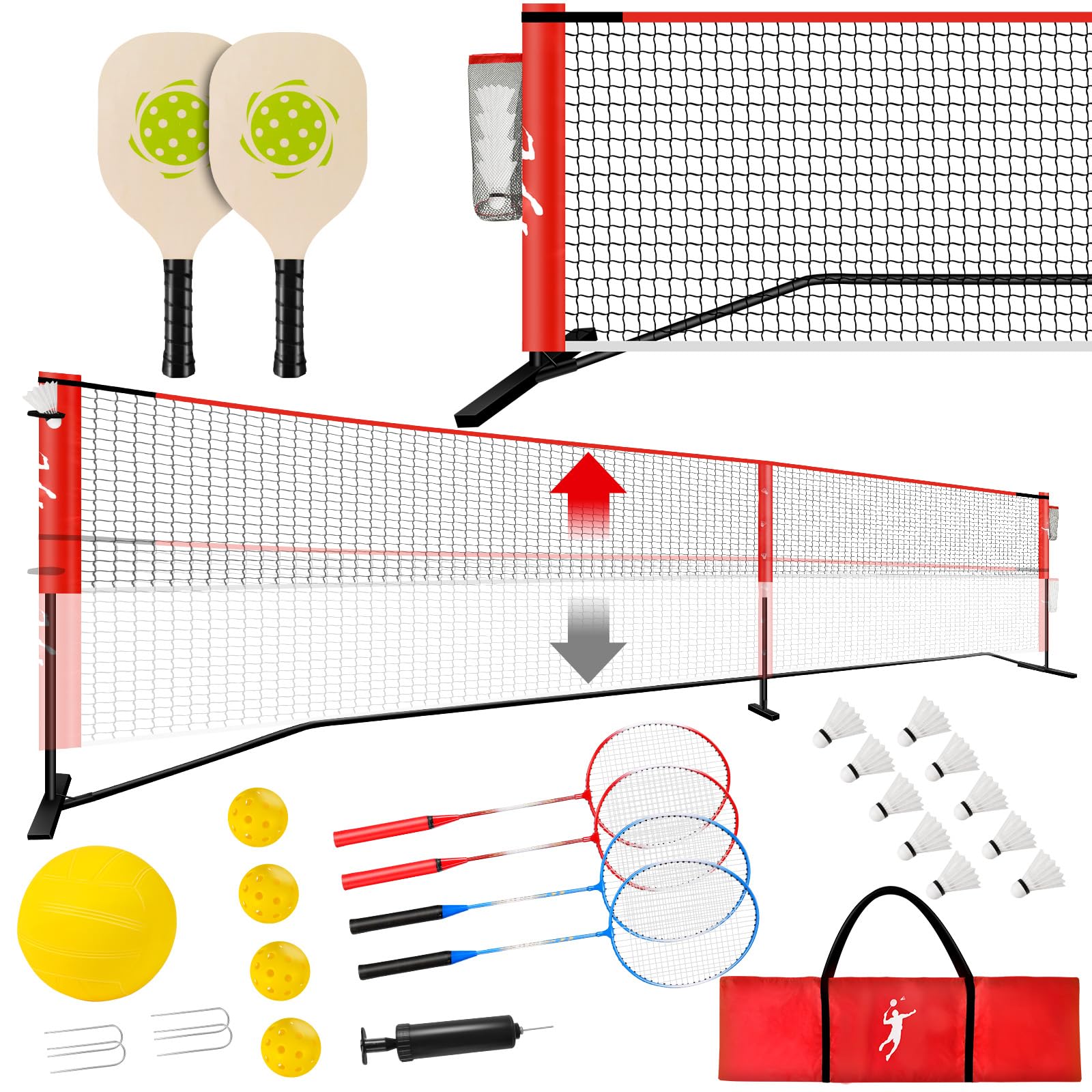 Pickleball Badminton Net Set for Backyards, All-in-One Portable Volleyball Combo Set with Adjustable Net, Volleyball Pickleball Paddles & Badminton Rackets for Indoor Outdoor