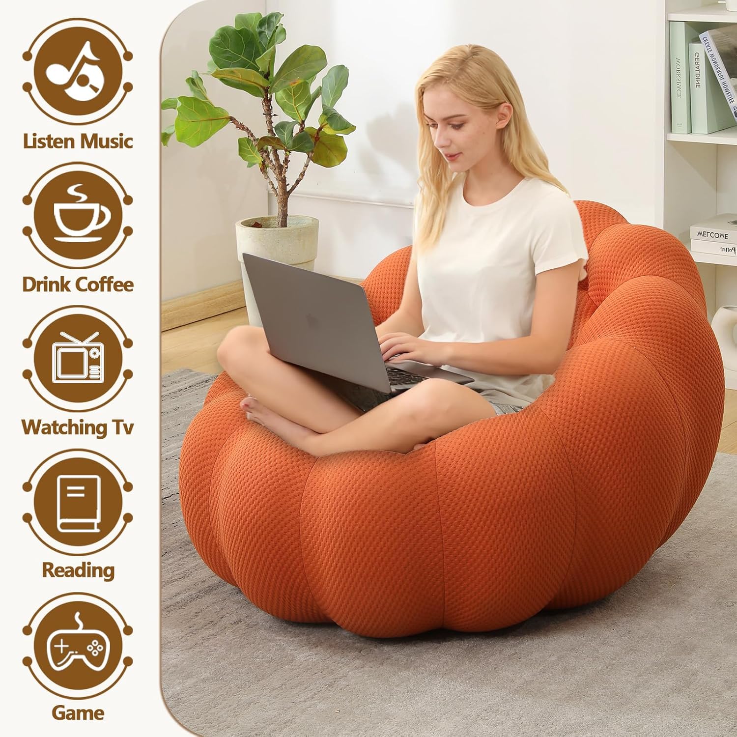 Memory Foam Bean Bag Chair for Adults/Kids, Small Cool Bubble Chairs for Bedroom, Cute Bubs Chair in A Box, Unique Pumpkin|No Assembly|Funky Reading Chair (Orange, 37“)