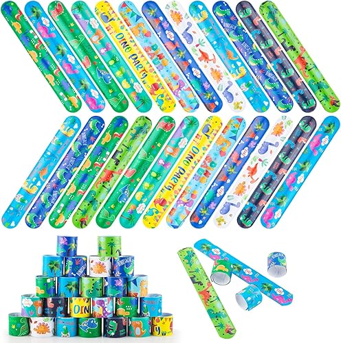 hexiaoxiao 48 pulseras de palmada para niños, pulseras de dinosaurio a presión, pulseras a granel para niños, suministros de fiesta, regalos de
