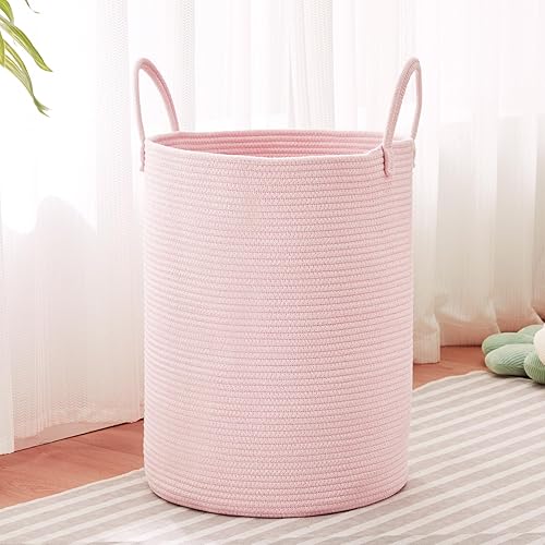Miniatura 8 de Cesta de ropa sucia rosa para guardería, 15 pulgadas de profundidad x 20 pulgadas de alto, cesta de lavandería tejida para niñas, cesta de ropa