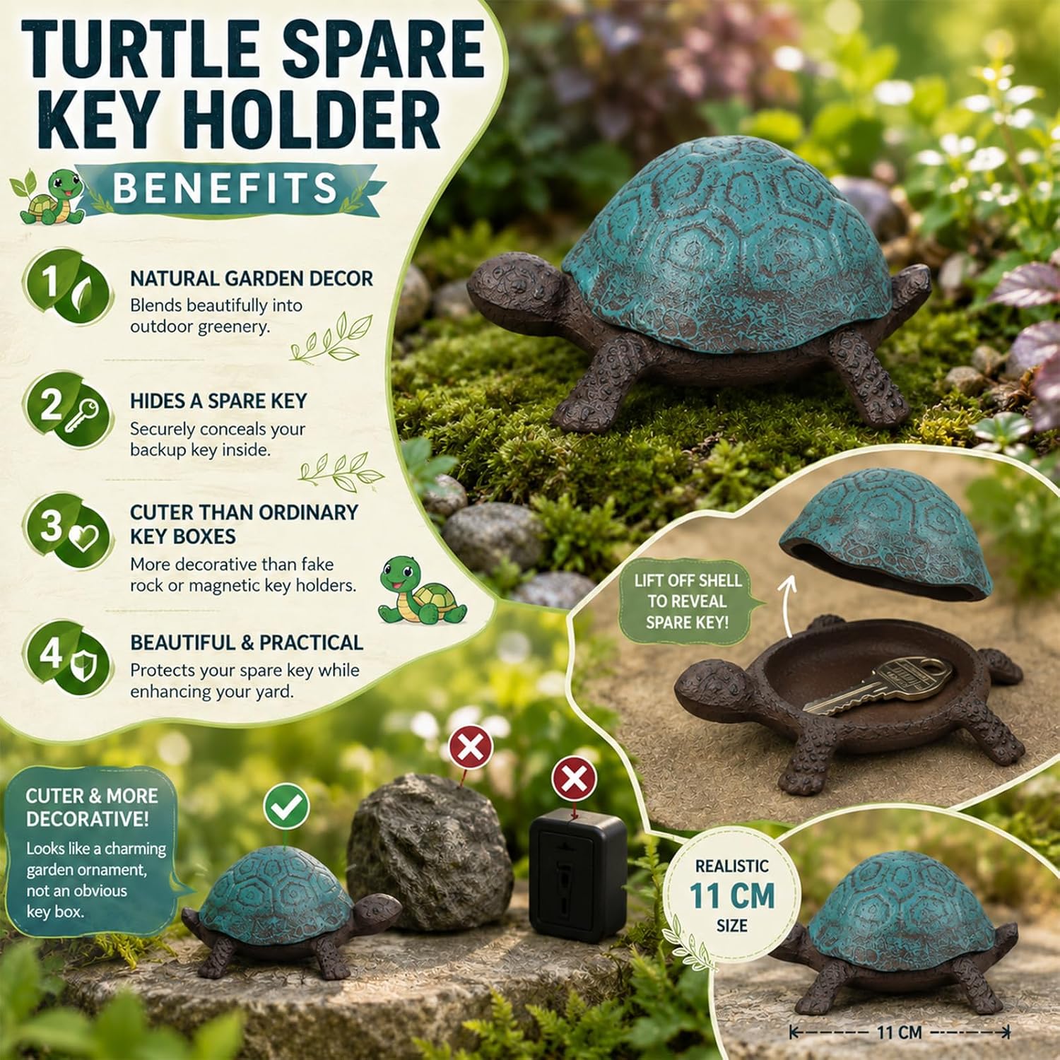 Cast Iron Turtle Key Hider for Outside - Waterproof Spare Key Hider to Hide a Key Securely - Unique Garden Decor for Yard, Patio & Outdoor Areas (Cute vintage blue, Standard)