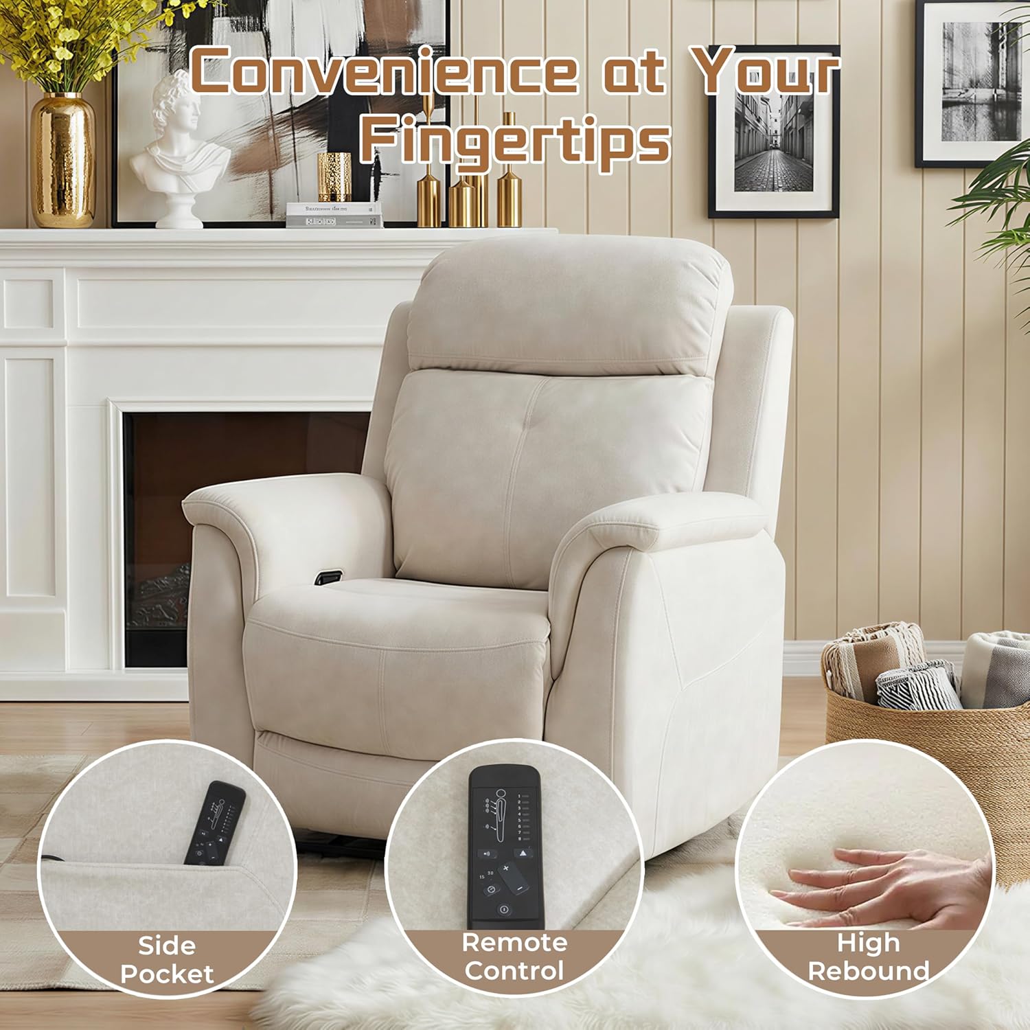 Massage Recliner Chair for Elderly, Padded Fabric Manual Recliner with 8 Vibration Nodes, Soft Overstuffed Single Sofa Chair for Bedroom and Living Room, Support up to 350 lbs (Cream)