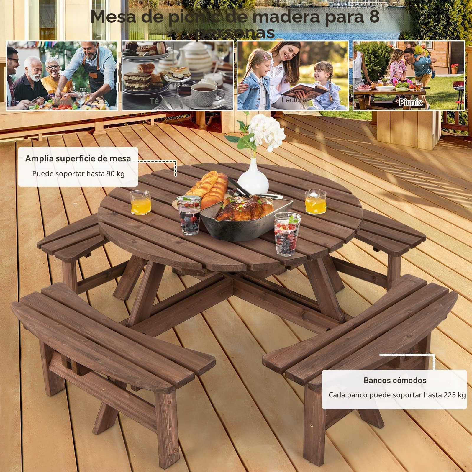GIANTEX Juego de Muebles de Jardín al Aire Libre de Madera de Abeto para 8 Personas, Juego de Mesa de Picnic con Agujero para Sombrilla para Patio, Jardín, Terraza