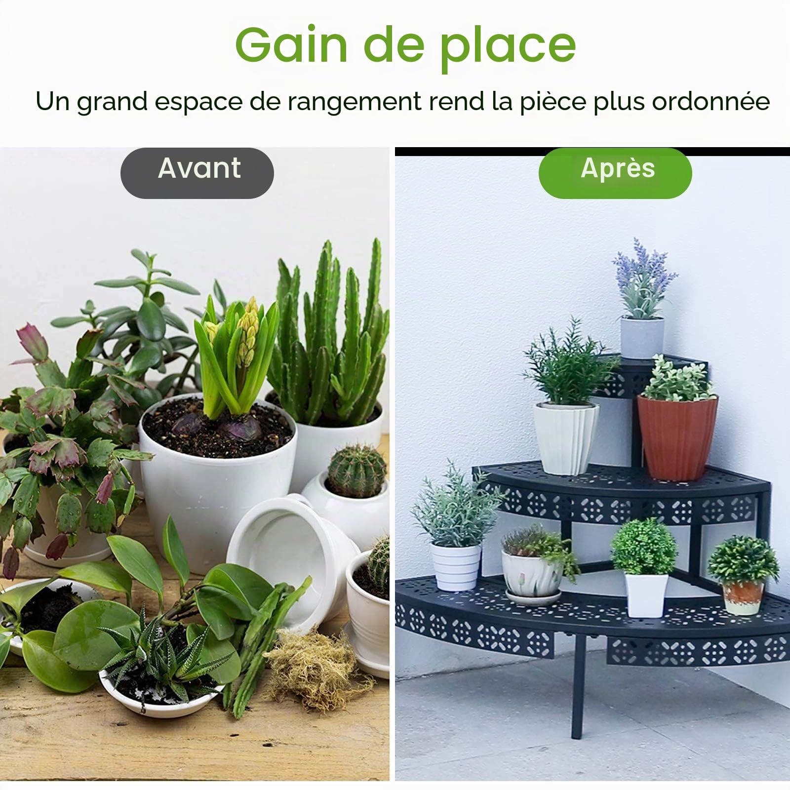 aboxoo Étagère d'angle à 3 niveaux pour pots de fleurs, étagère d'angle en métal pour intérieur et extérieur (noir, demi-cercle)