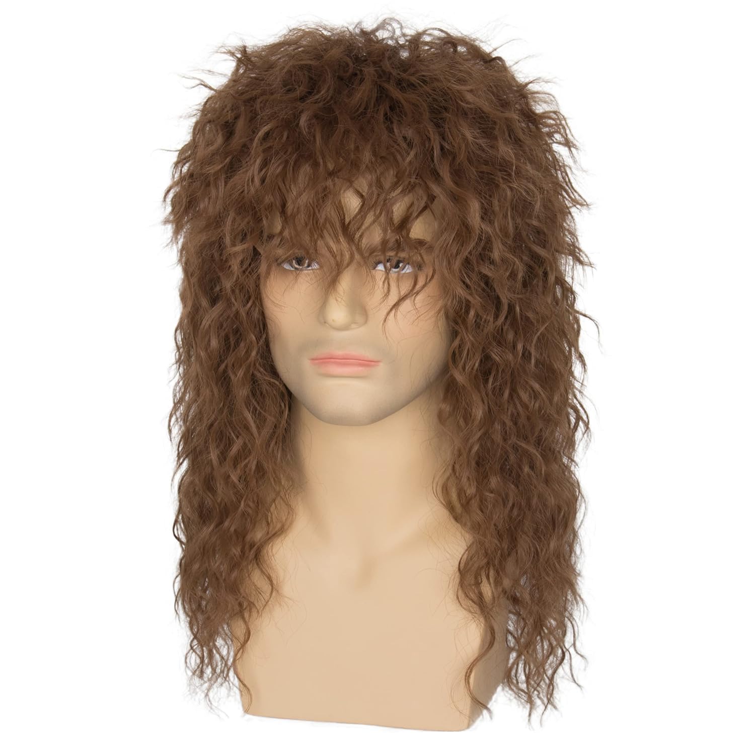 Miss U Hair Long Curly Brown 80s Rocker Wig for Men Women Hair Band Heavy Metal Costume Wig - Image 7