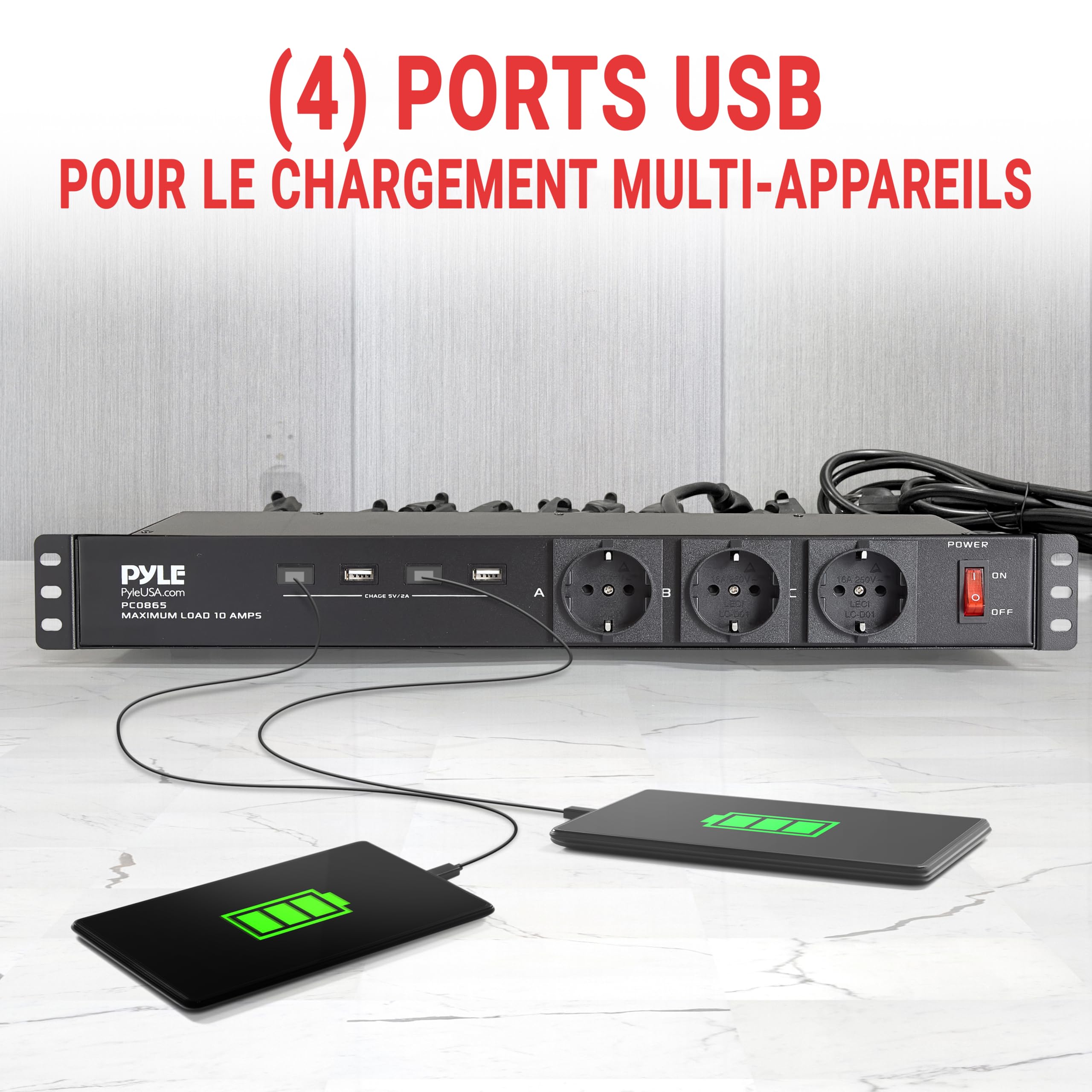 Pyle Multiprise Rack 1U 12 Prises – PDU avec 3 Prises Frontales, 4 Ports USB 5V/2A, Disjoncteur 15A, Câble 4,5 m, Boîtier Métal, pour Serveurs, Studio & Installation