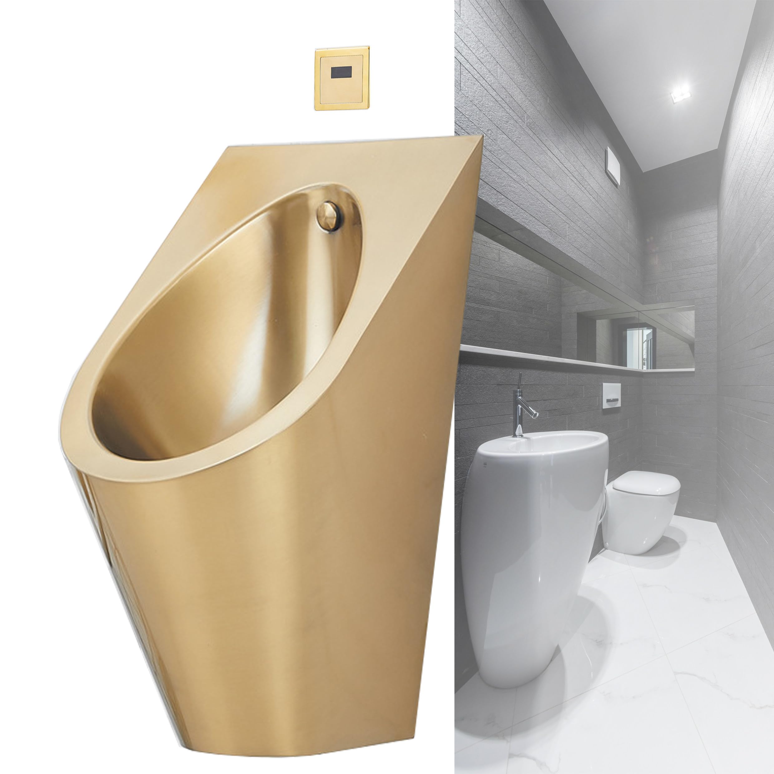 304 Stainless Steel Urinal, Men's Urinal Troughs with Sensor Flush Valve, Wall-Hung Urinal, Urinals for Men Spill Proof with Flush Valve, Urine Diverter, Toilet for Bars/airports,Gold