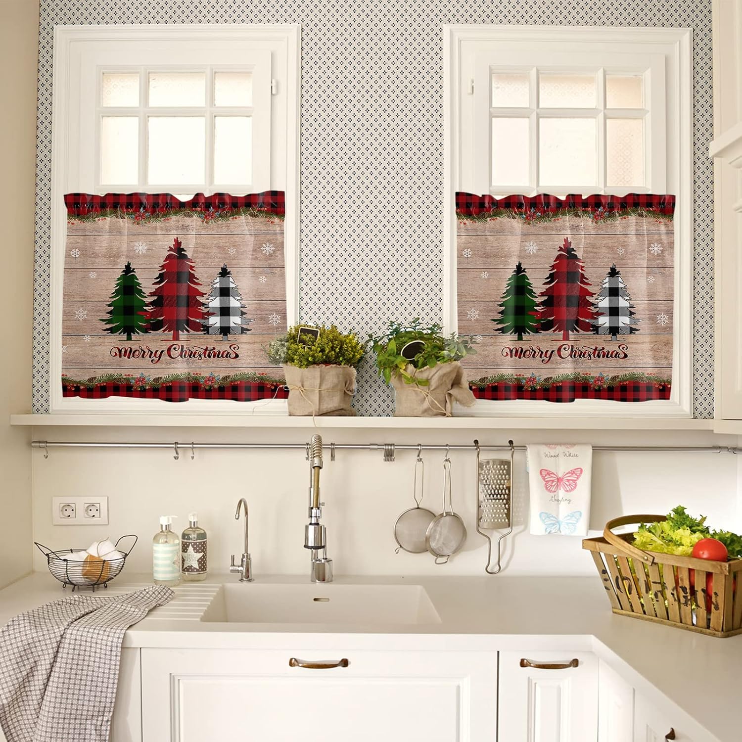 Christmas Kitchen Curtain Set - Tree Rod Pocket Tier Curtains and Valance 3 Piece Set - Snowflake Wooden Red Black Buffalo Plaid Check Window Curtain 54 in x 24 in