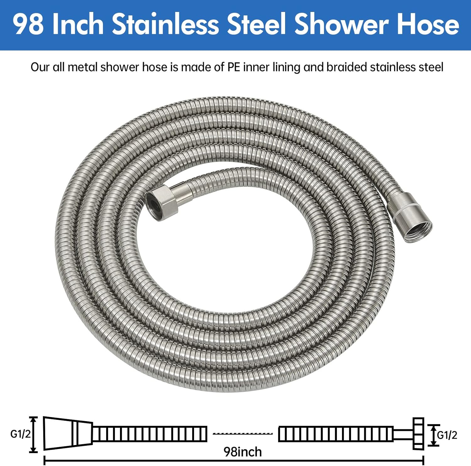 RUMOSE 98 inches Shower Hose Shower Head Extension Hose Extra Long Stainless Steel Shower Tube Attachment Flexible Handheld Shower Sprayer Hose, Brushed Nickel